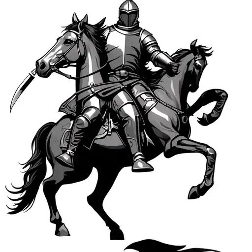 an armored knight on his horse with his horse's left leg in the air the knight has a knife in his hand tattoo design idea