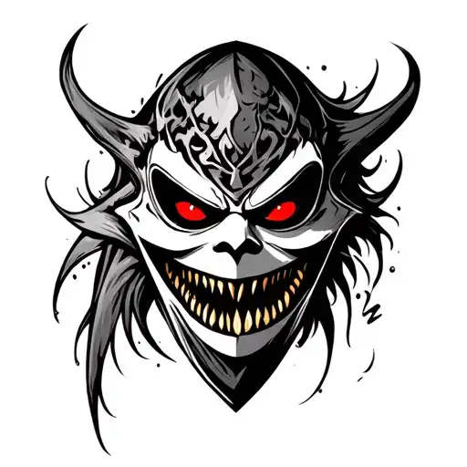 Executioner mask and face. open monster smile, red eyes tattoo design idea