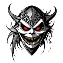 Executioner mask and face. open monster smile, red eyes tattoo design idea