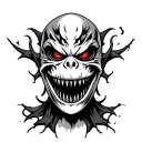 Executioner mask and face. open monster smile, red eyes tattoo design idea