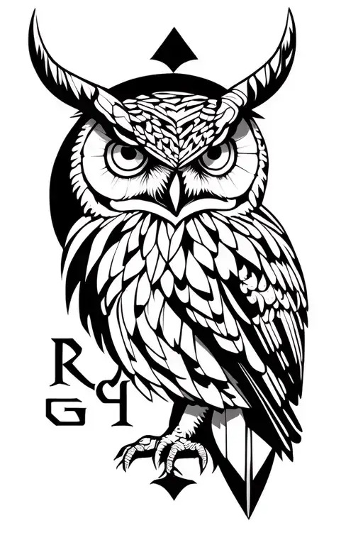 geometric neotribal design incorporating horned owl and letters ROGI tattoo design idea