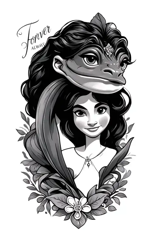 i need a princess and the frog tattoo with under the tiana put forever and ALWAYS and for prince naveen put  tattoo design idea
