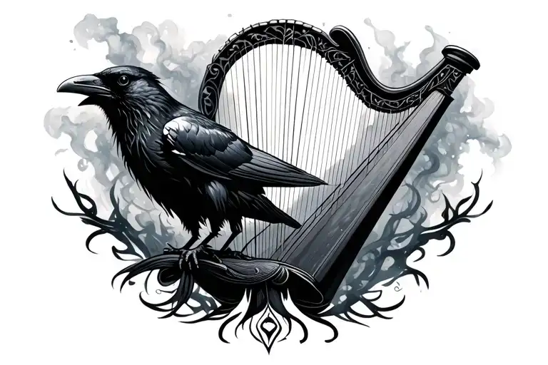 raven sitting on an Irish harp surrounded by dark mist tattoo design idea