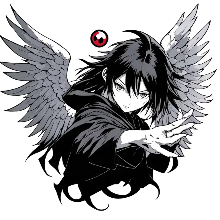 angel falling with itachi mangekyou sharingan tattoo design idea