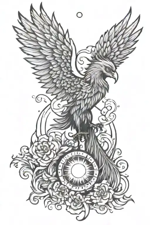 Phoenix with a moon and sun below and a crown above tattoo design idea