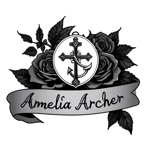 "Amelia Archer" rose sleeve tattoo featuring small cross, 2 kids names, dove, anchor tattoo design idea