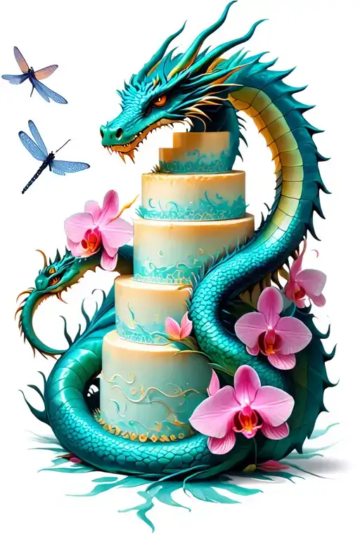 A dragon wrapped around a towering cake, with orchids and dragonflies flying around it tattoo design idea