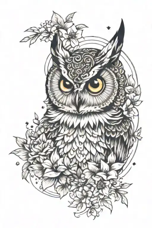 owl face with no geometric surrounded by lots of cosmo flowers and gladiolus flowers tattoo design idea