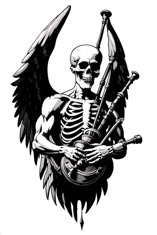 winged muscular skeleton playing bagpipes tattoo design idea