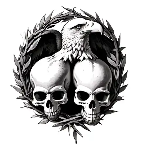 On the pears of men two skulls are one in a thorns wreath and the second with laurel and a realistic eagle between them tattoo design idea