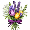 bouquet of one baby breath, one lilac, one tulip, one hyacinth, and one lavender. add ribbon on bottom to tie together  tattoo design idea