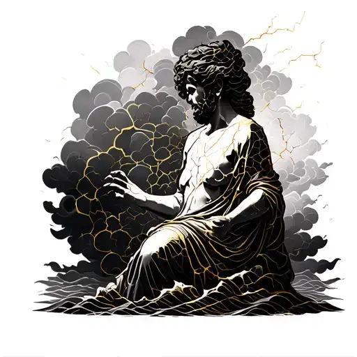 A cracked statue with golden repair lines (kintsugi style), surrounded by storm clouds or waves, but the figure remains  tattoo design idea