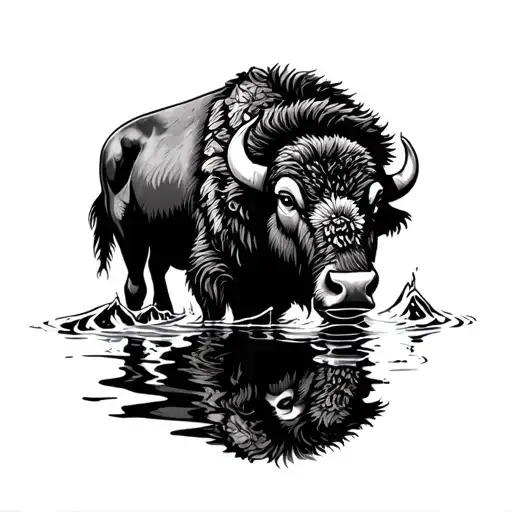 bison head drinking water with reflection black and white tattoo design idea