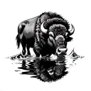 bison head drinking water with reflection black and white tattoo design idea