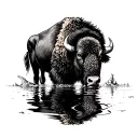 bison head drinking water with reflection black and white tattoo design idea