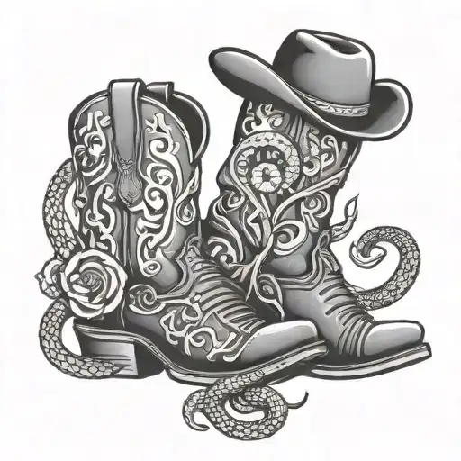 create a black and grey american traditional cowboy boot tattoo with a snake standing out of the boot tattoo design idea