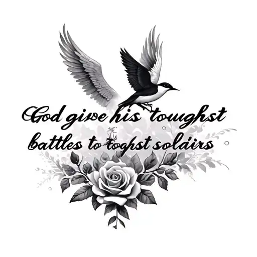 rod wave lyric "God give his toughest battles to his toughest soldiers" maybe angel wings or birds and roses tattoo design idea