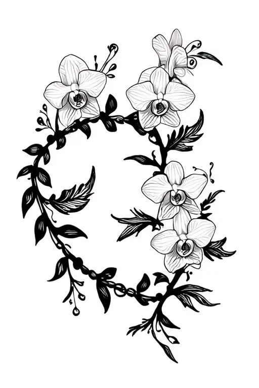 A bracelet black and White bohemian style tattoo with small orchids and ivy. tattoo design idea