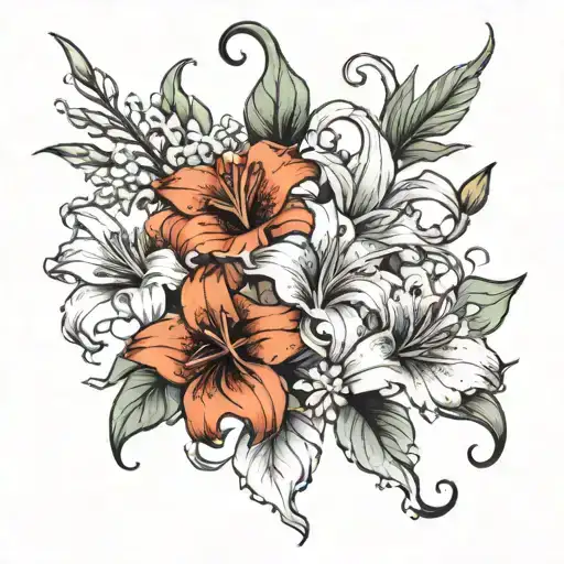 Tattoo Design Idea:  Centerpiece: Start with a cluster of death lilies, their petals elegantly spread, detailed with sha tattoo design idea