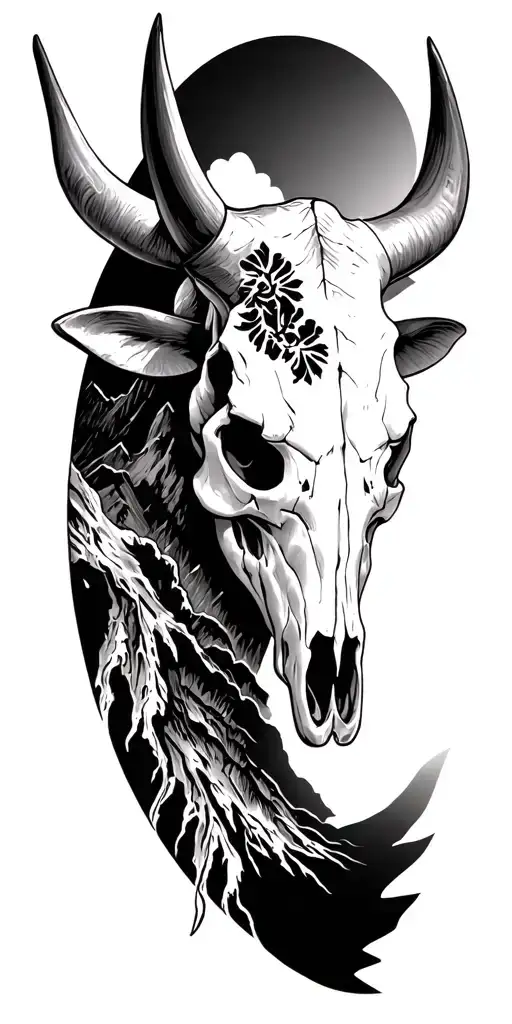 western bull skull surrounded my mountain range tattoo design idea