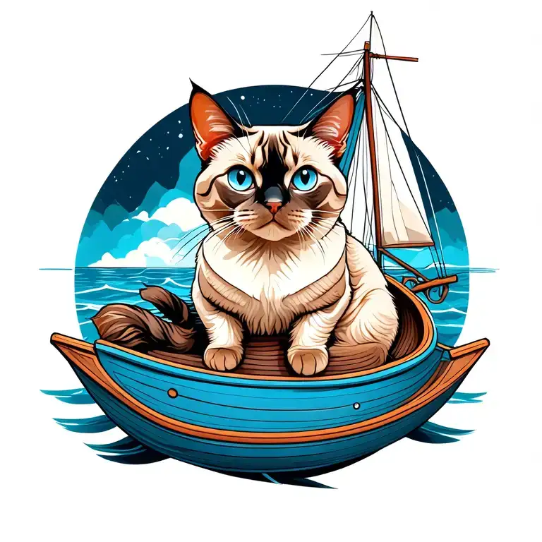 "Zoey Ocean" fat lynx point siamese cat sitting in a blue sailboat tattoo design idea