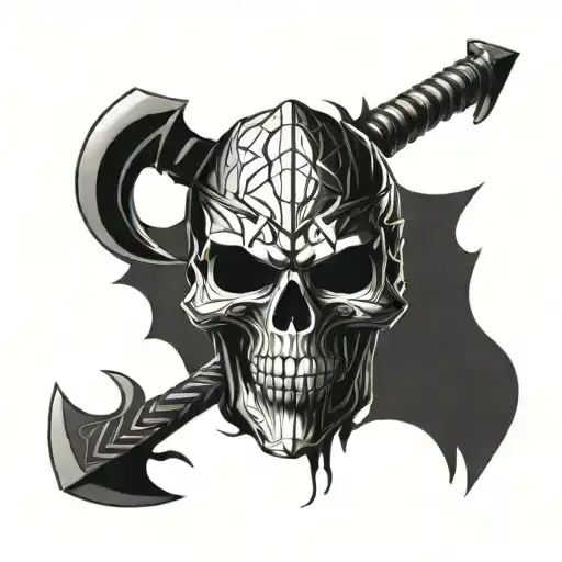 skull wearing helmet along with axe inspired by venom tattoo design idea