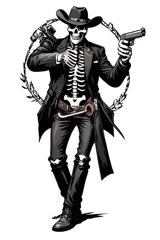 Cowboy skeleton suit aiming gun at me tattoo design idea