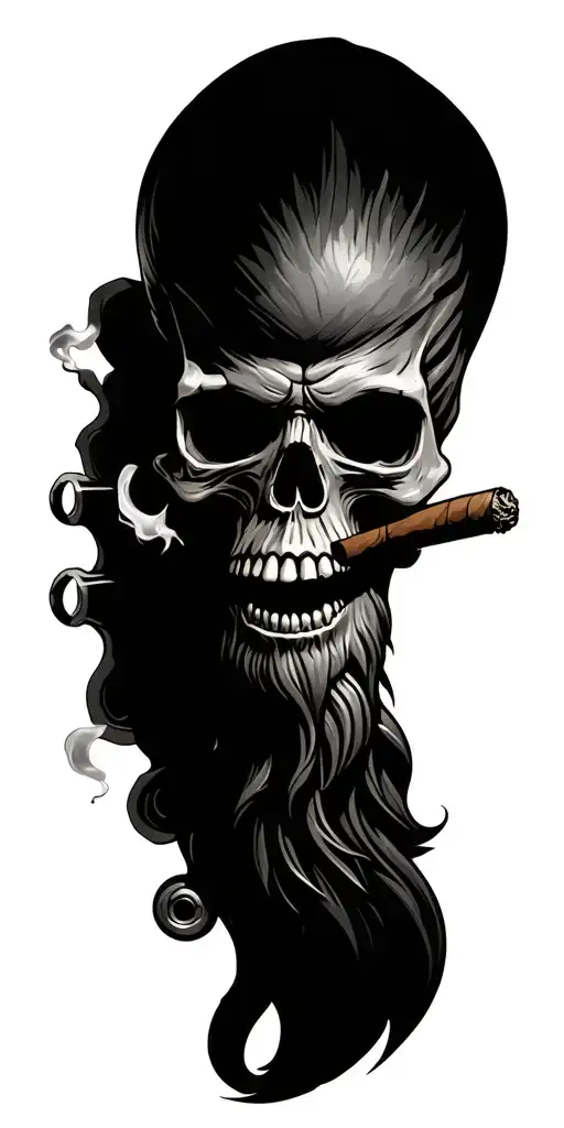 Realistic evil skull with a beard, smoking a cigar. It has two motorcycle engine pistons behind it and is surrounded by  tattoo design idea