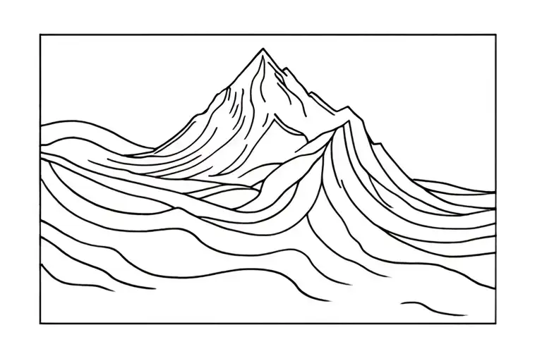 Minimal linear tattoo: a single continuous line that first forms a wave, which breaks on a mountain and a wave tattoo design idea