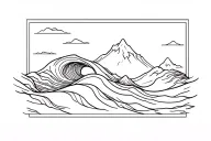 Minimal linear tattoo: a single continuous line that first forms a wave, which breaks on a mountain and a wave tattoo design idea