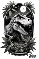 jurassic park style tattoo with some plants, a T-rex and the night sky encased in amber. only black and white tattoo design idea
