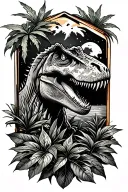 jurassic park style tattoo with some plants, a T-rex and the night sky encased in amber. only black and white tattoo design idea