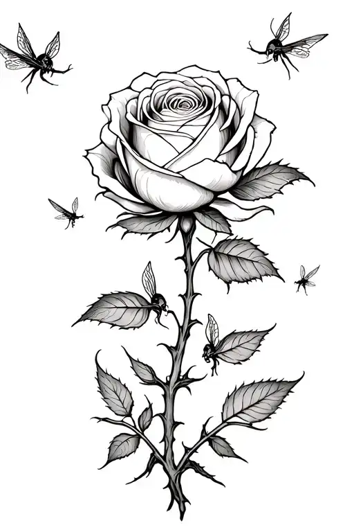 rose with thorny stem with locusts and fireflies dancing tattoo design idea