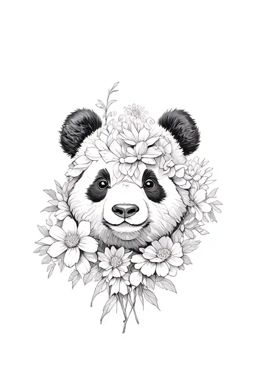 panda whos face is morphed into flowers growing tattoo design idea