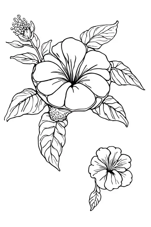 turtle upper view with on the left side 2 flowers, one hibiscus open and the second one almost open in smaller  tattoo design idea