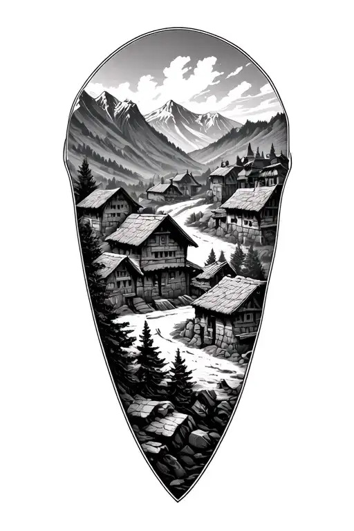 battle scene in village nestled in the mountains tattoo design idea