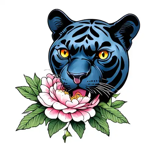 Panther's peony and head with 8 eyes tattoo design idea