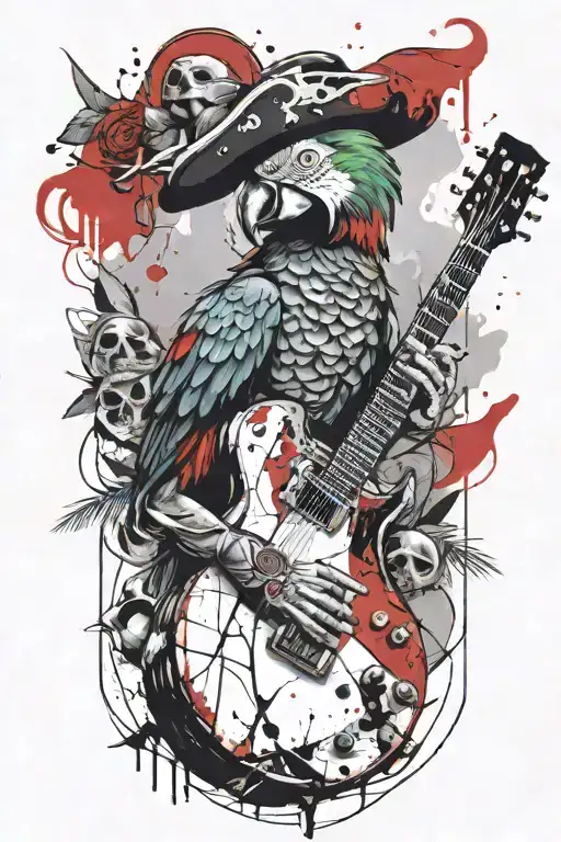 parrot pirate hat perched on guitar tattoo design idea