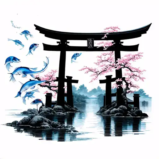 japanese burning torii gate with pogoda with sakura covered with blue koi fish swimming near them tattoo in left hand tattoo design idea