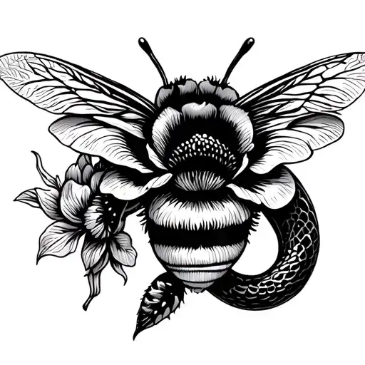 snake flower bumblebee shoulder tattoo design idea