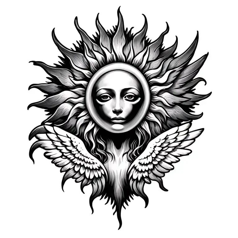sun with wings below no face tattoo design idea