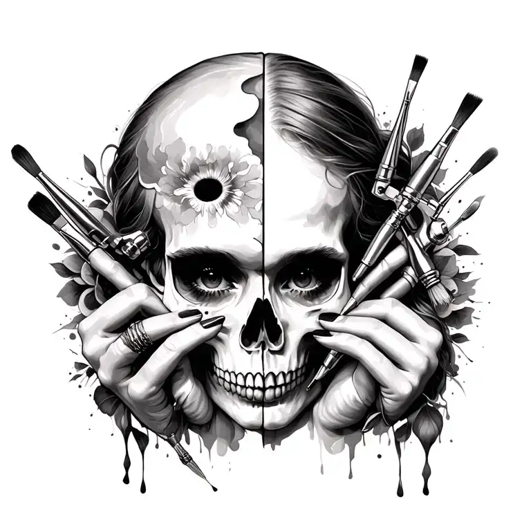 Women's hands with paint brushes and tattoo machines with art muse's face with half a skull tattoo design idea