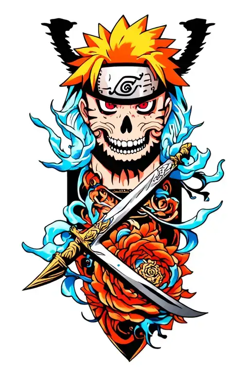 The god of death from Naruto on the forearm with a dagger in the mouth tattoo design idea