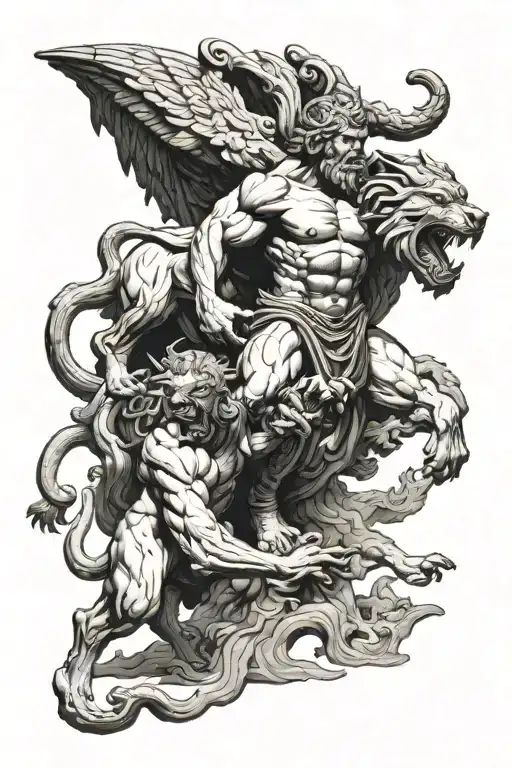 Hercules fighting Cerberus guarding the entrance to hell tattoo design idea