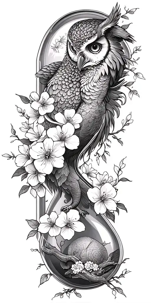 Japanese cherry blossom,  hourglass, phoenix, Aries, owl, elephant, motherhood. high comtrast seamless blend toget tattoo design idea