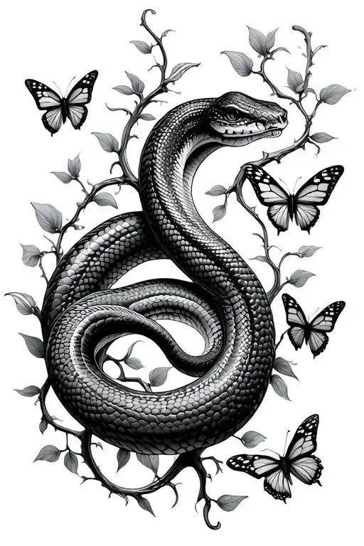 snake circling vines with butterflies surrounding vertically tattoo design idea