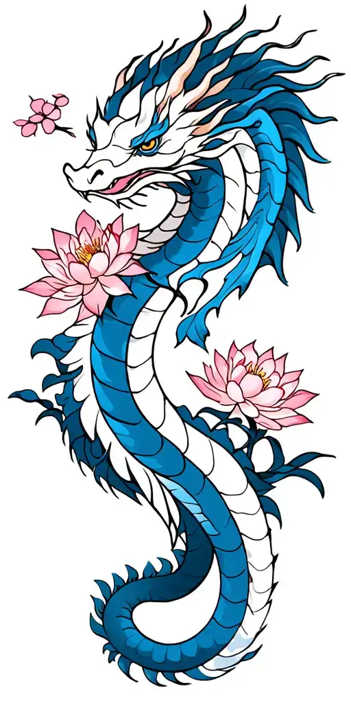 white and blue dragon with lotus blossom and cherry blossom tree tattoo design idea