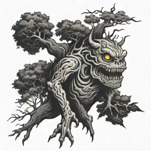 monster and tree growing tattoo design idea