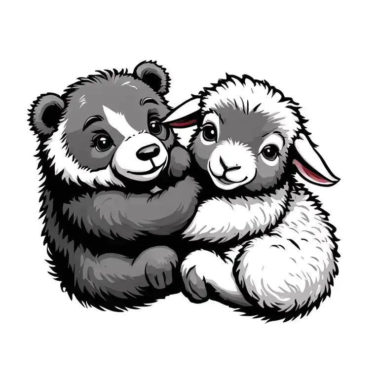 baby bear hugging baby lamb tattoo design idea