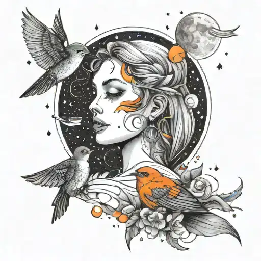 A starry night, a beautiful orange bird and a beautiful woman's face combined with the moon shape tattoo design idea